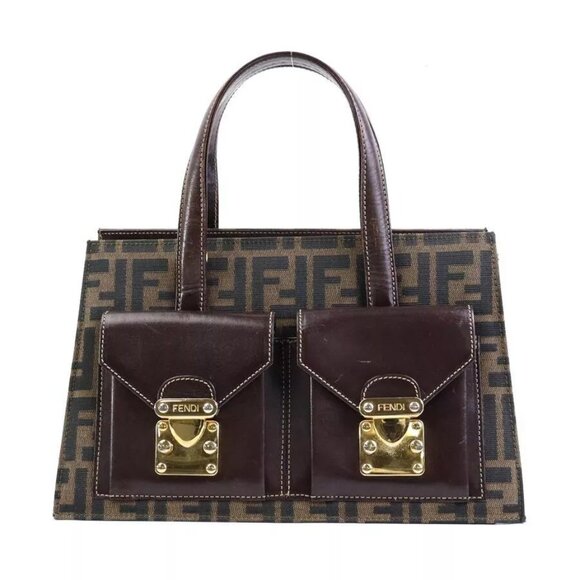 Auth FENDI Zucca Handbag Brown Canvas/Leather/Goldtone - Picture 1 of 15